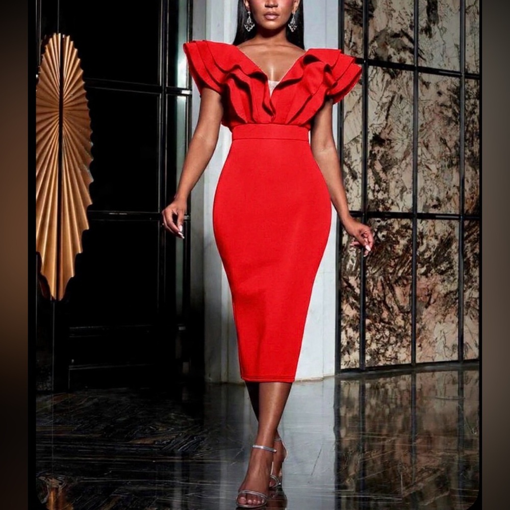 #627 Red Neoprene off shoulder sexy dress-Size XXL